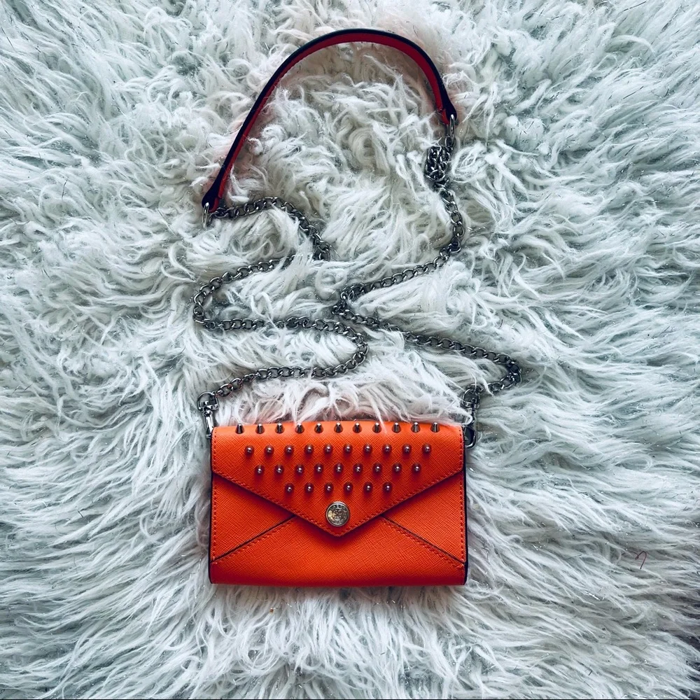 Rebecca Minkoff Leather Orange Studded Spiked on a Chain Wallet Clutch Purse - Picture 2 of 6